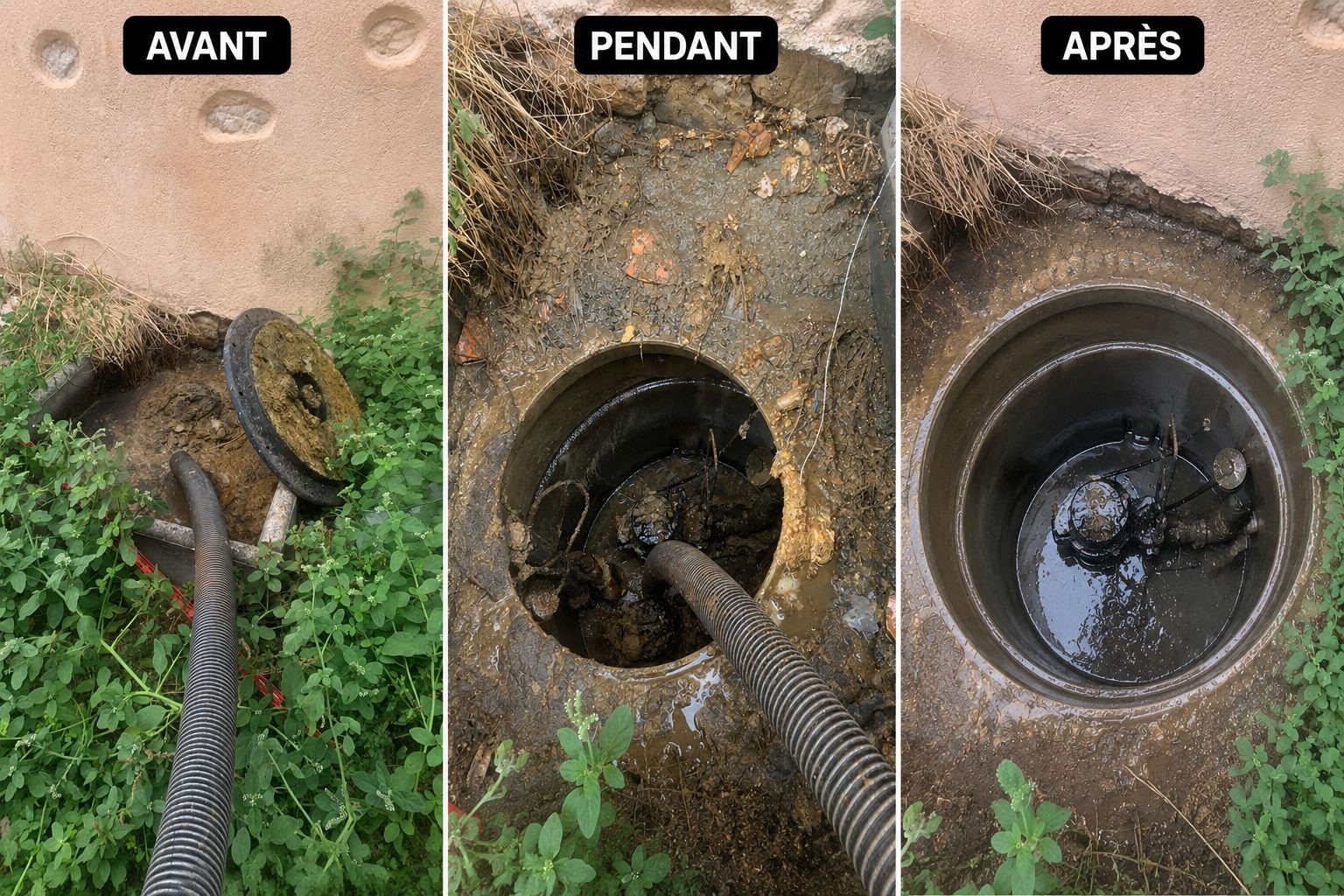 Avant / Pendant / Après : débouchage et nettoyage d'un regard